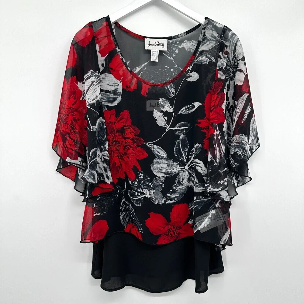 Joseph Ribkoff Top Shirt Size 10 Chiffon Overlay 3/4 Kimono Sleeve Romantic Boho - Picture 12 of 12